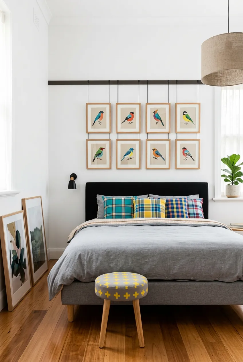Art hung above a headboard using a sleek contemporary rail system.