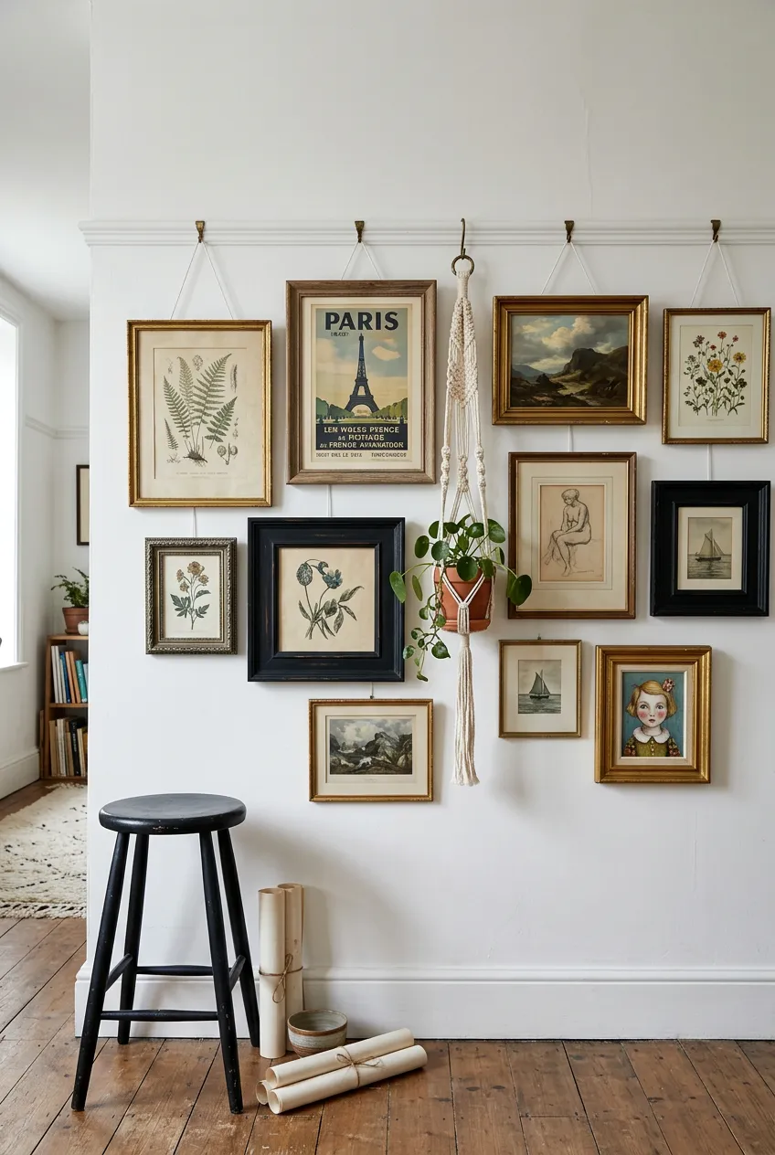 Two frames hanging vertically one above the other from the same picture rail hook.