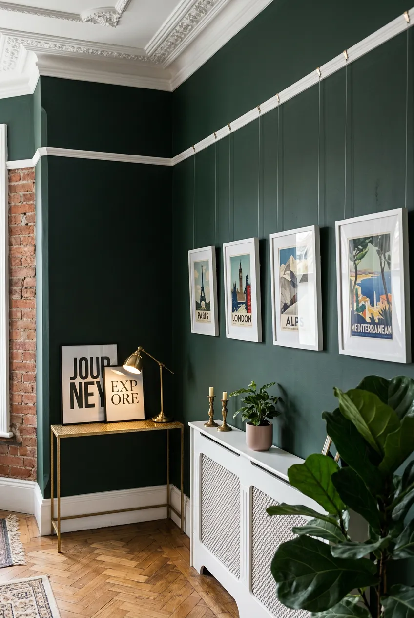 A moody interior with charcoal walls and ornate white picture rail moldings.