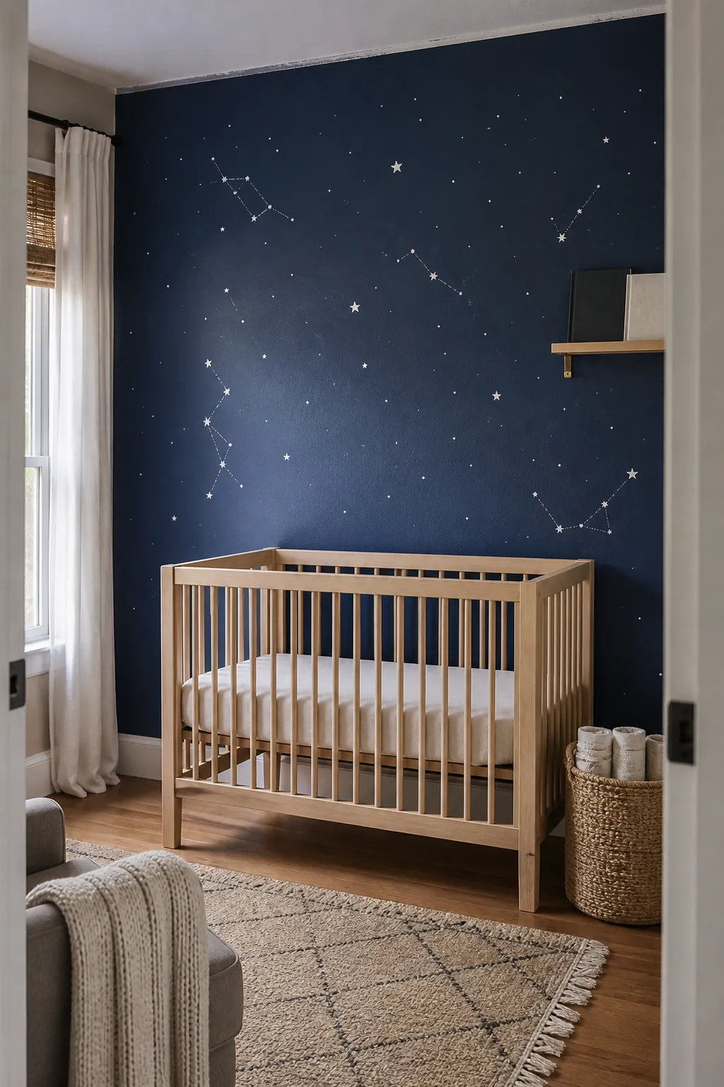 Deep navy star mural nursery wall with soft white constellations above a crib