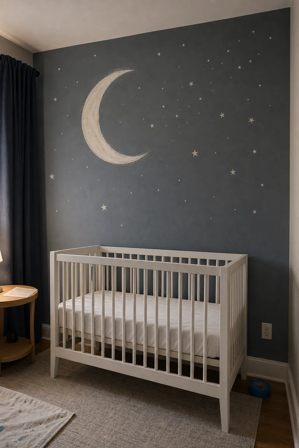 Moon and stars nursery accent wall around a safe uncluttered crib