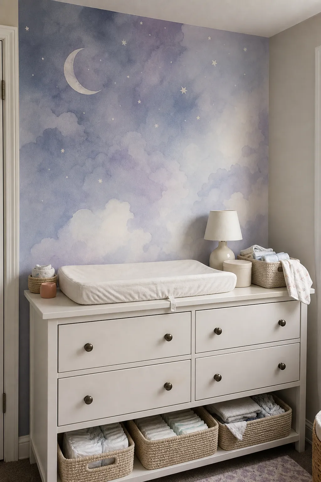 Watercolor night sky nursery mural behind a changing dresser with soft stars