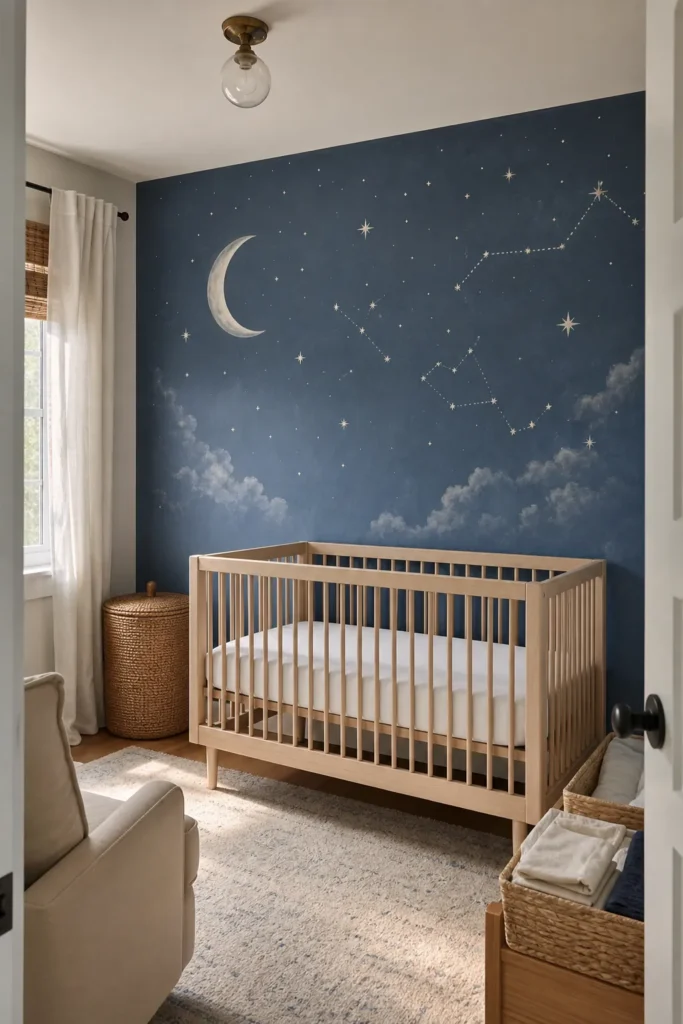 Dreamy star mural nursery with a calm night sky accent wall and safe uncluttered crib