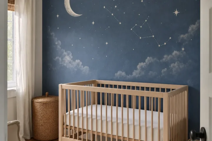 Dreamy star mural nursery with a calm night sky accent wall and safe uncluttered crib