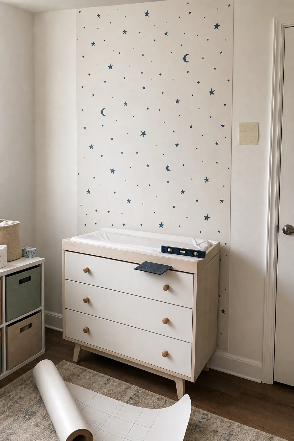 Peel and stick star mural panel in a renter friendly nursery corner