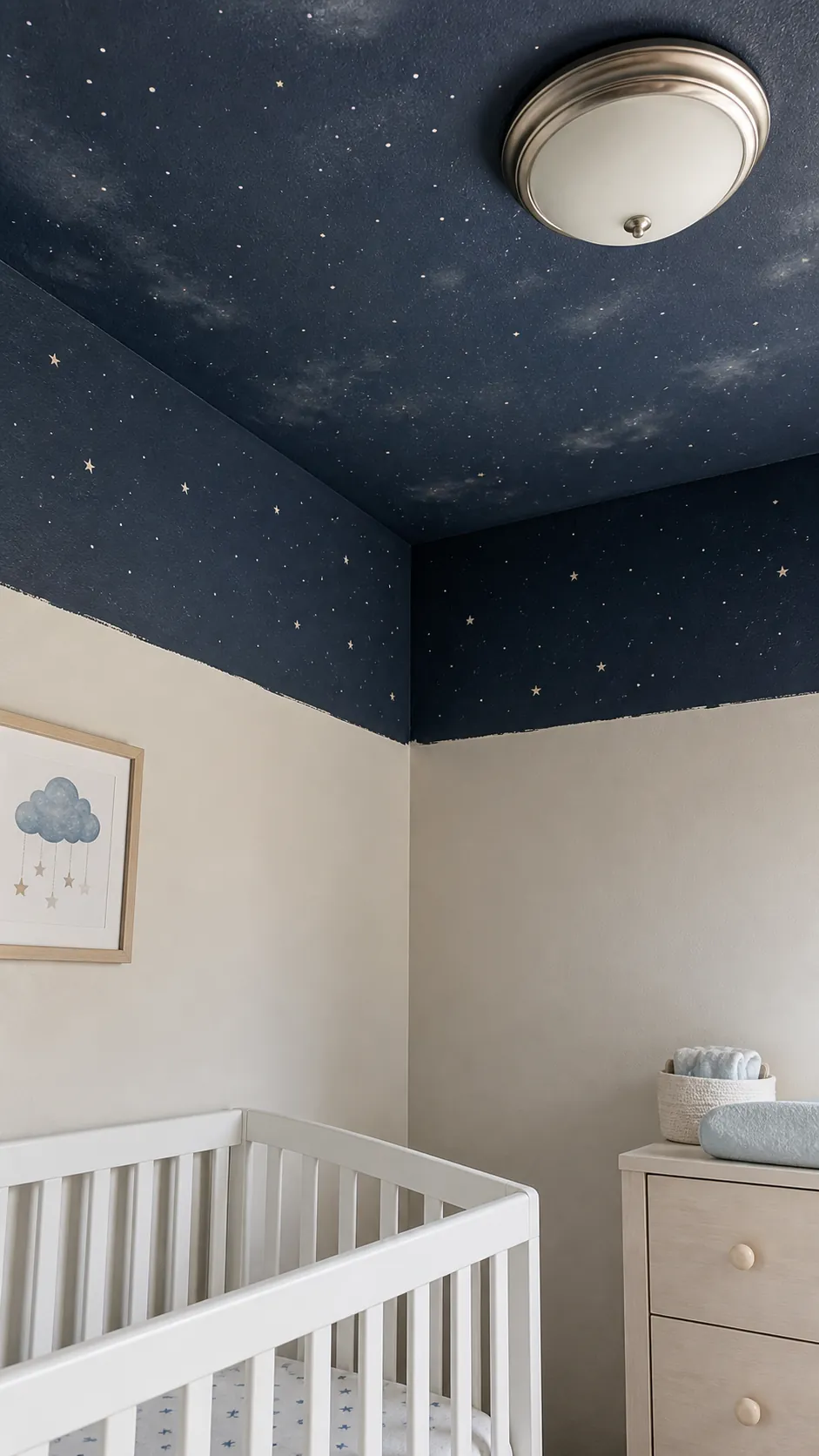 Starry ceiling band mural wrapping above nursery walls with crib below