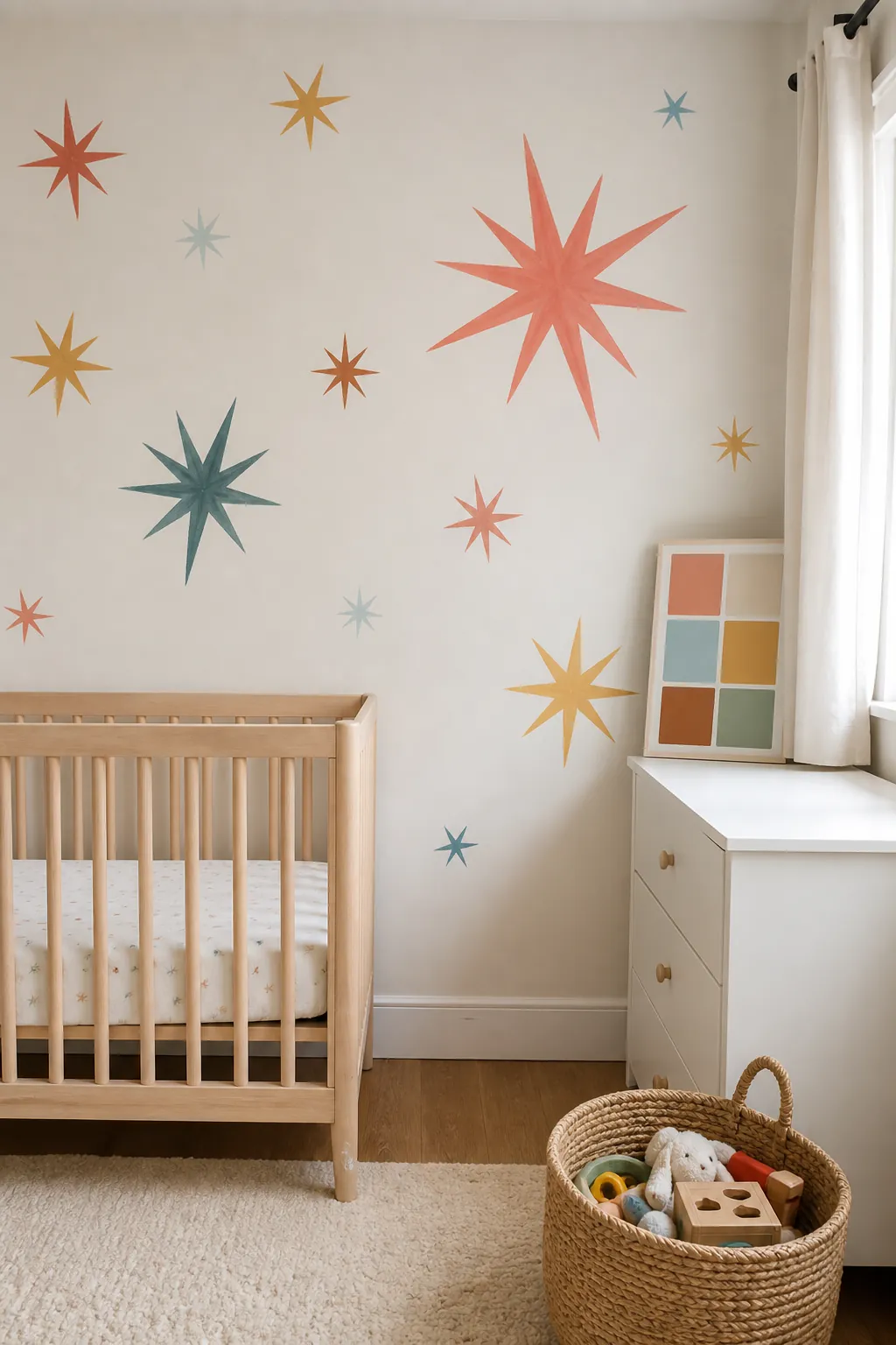Colorful baby nursery starburst mural with playful painted stars and bright accents
