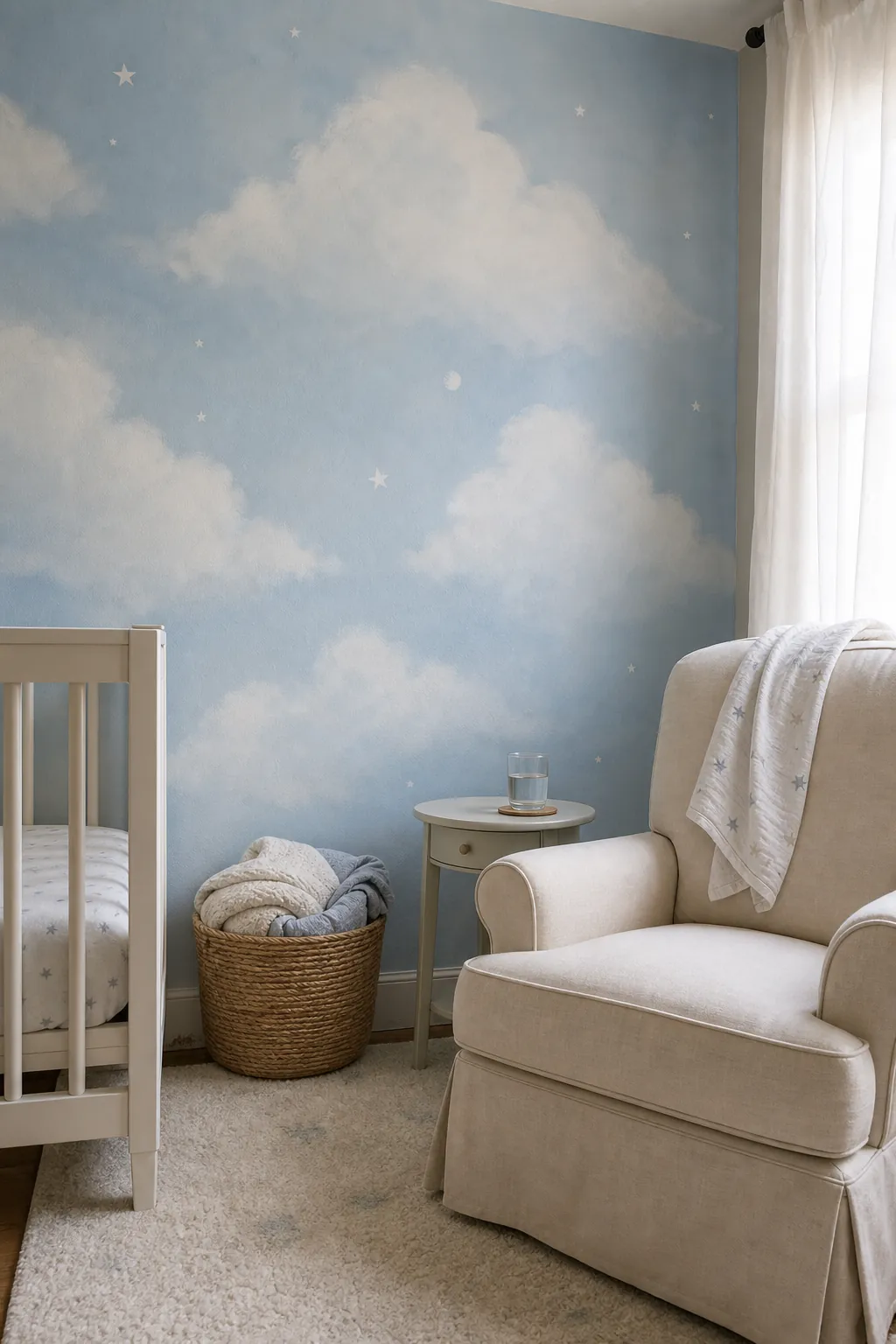 Cloudy sky themed nursery mural with tiny stars over soft blue walls