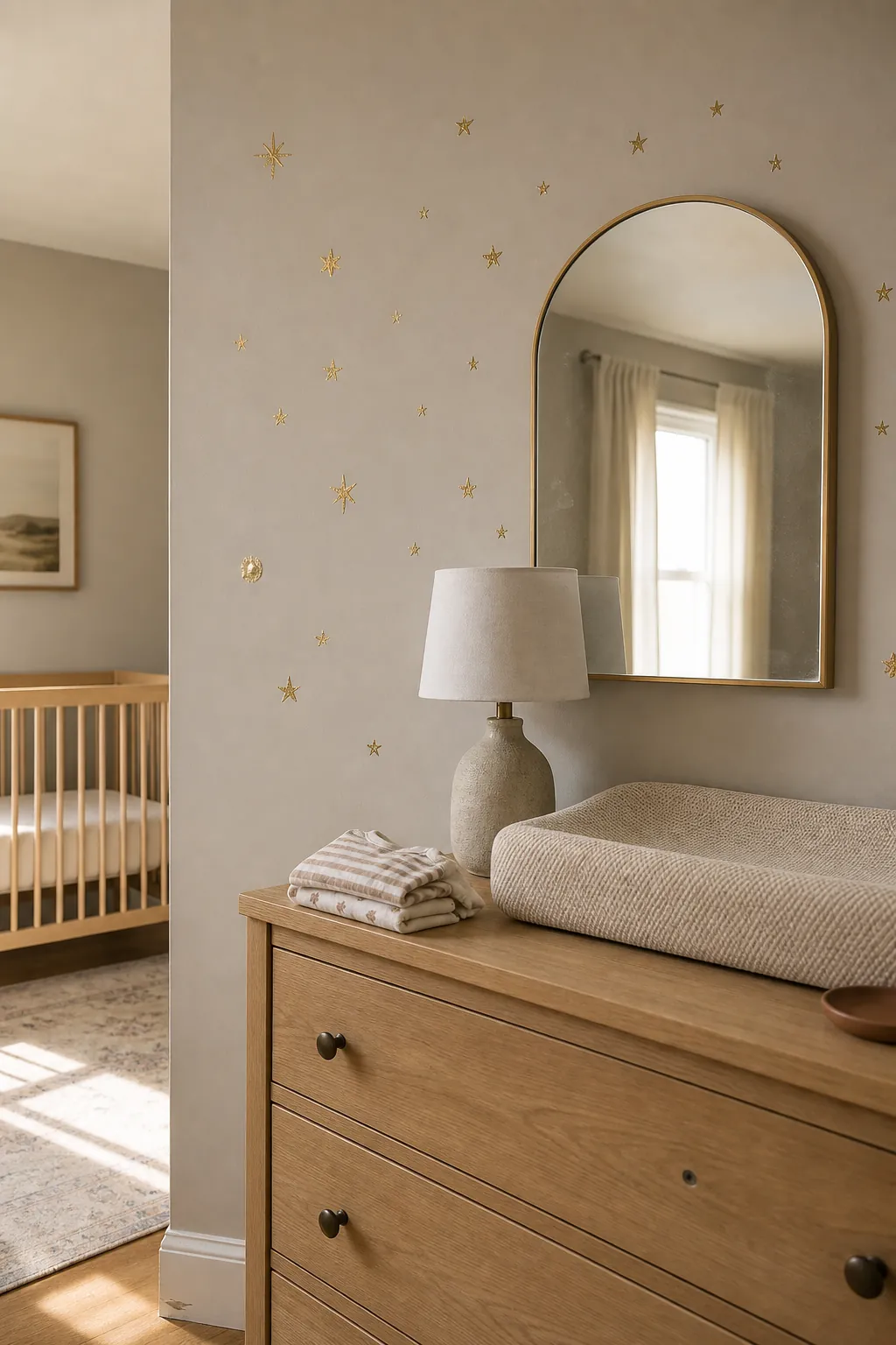Minimal gold star mural over warm neutral nursery paint with simple decor