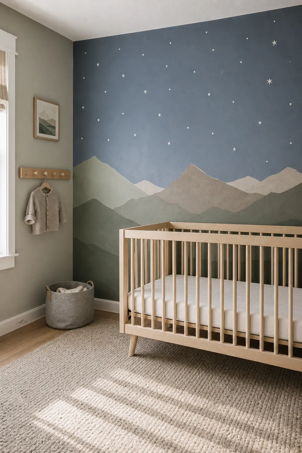 Scandinavian mountain horizon nursery mural under a soft starry sky