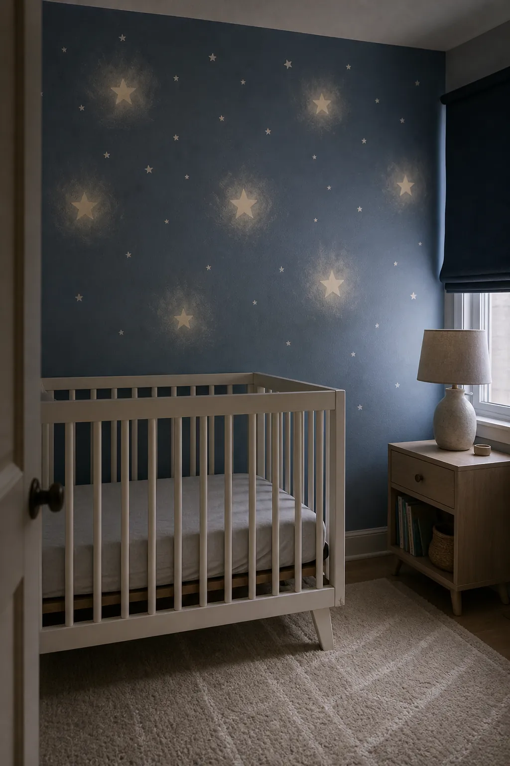 Painted soft glow look stars nursery mural without real lights or cords