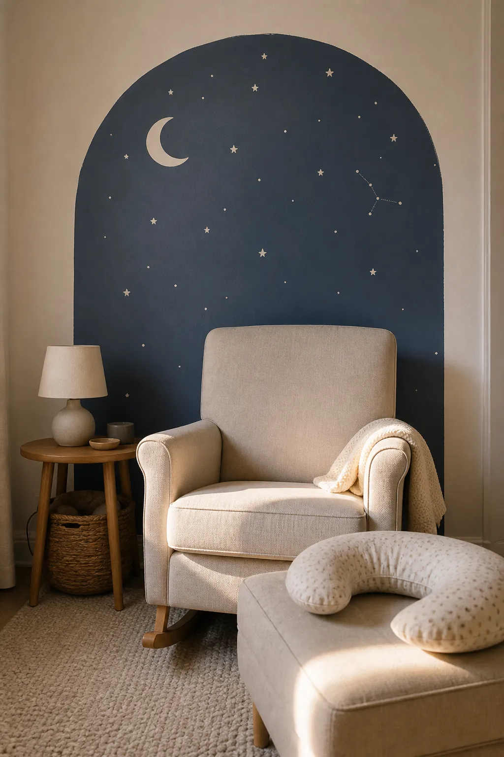 Arched night sky mural behind a nursery chair with stars and moon details