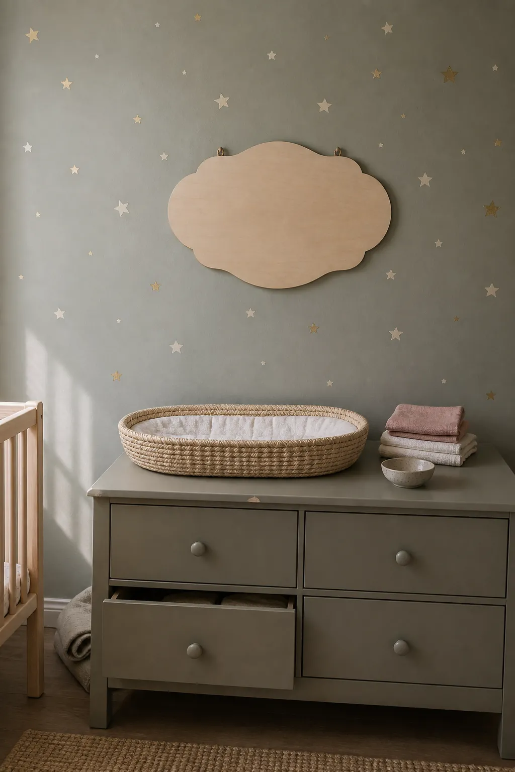 Personalized nursery name wall concept with scattered star mural and blank wood plaque