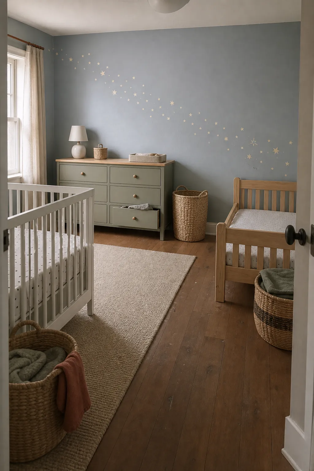 Shared nursery star mural connecting two separate safe sleep zones