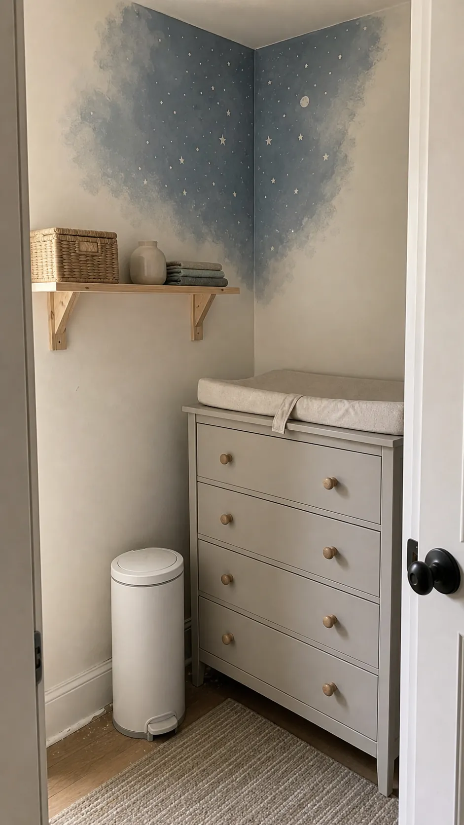 Small corner galaxy star mural for a tiny nursery with compact storage