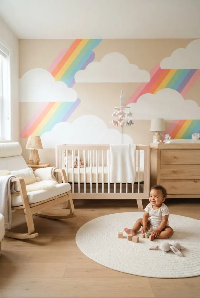 A light-colored nursery wall featuring a whimsical rainbow wallpaper pattern with soft cloud accents.