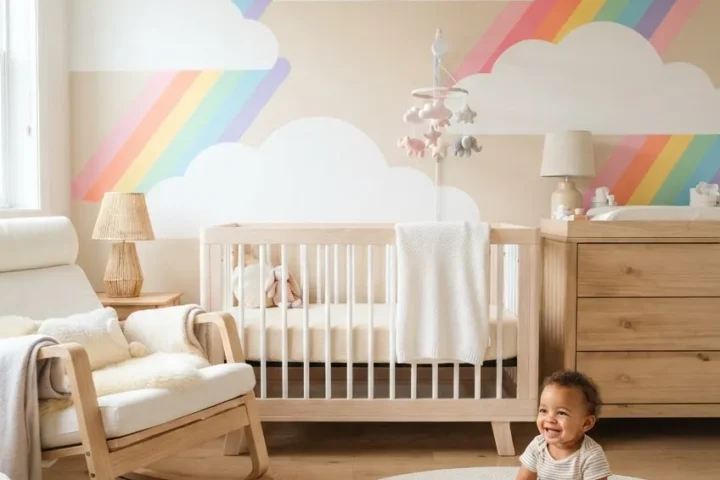 A light-colored nursery wall featuring a whimsical rainbow wallpaper pattern with soft cloud accents.