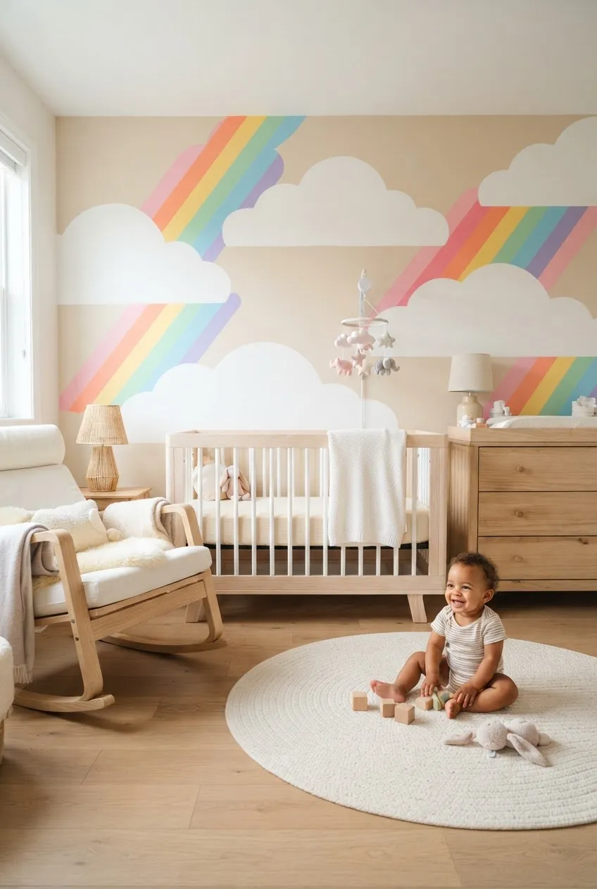 A light-colored nursery wall featuring a whimsical rainbow wallpaper pattern with soft cloud accents.