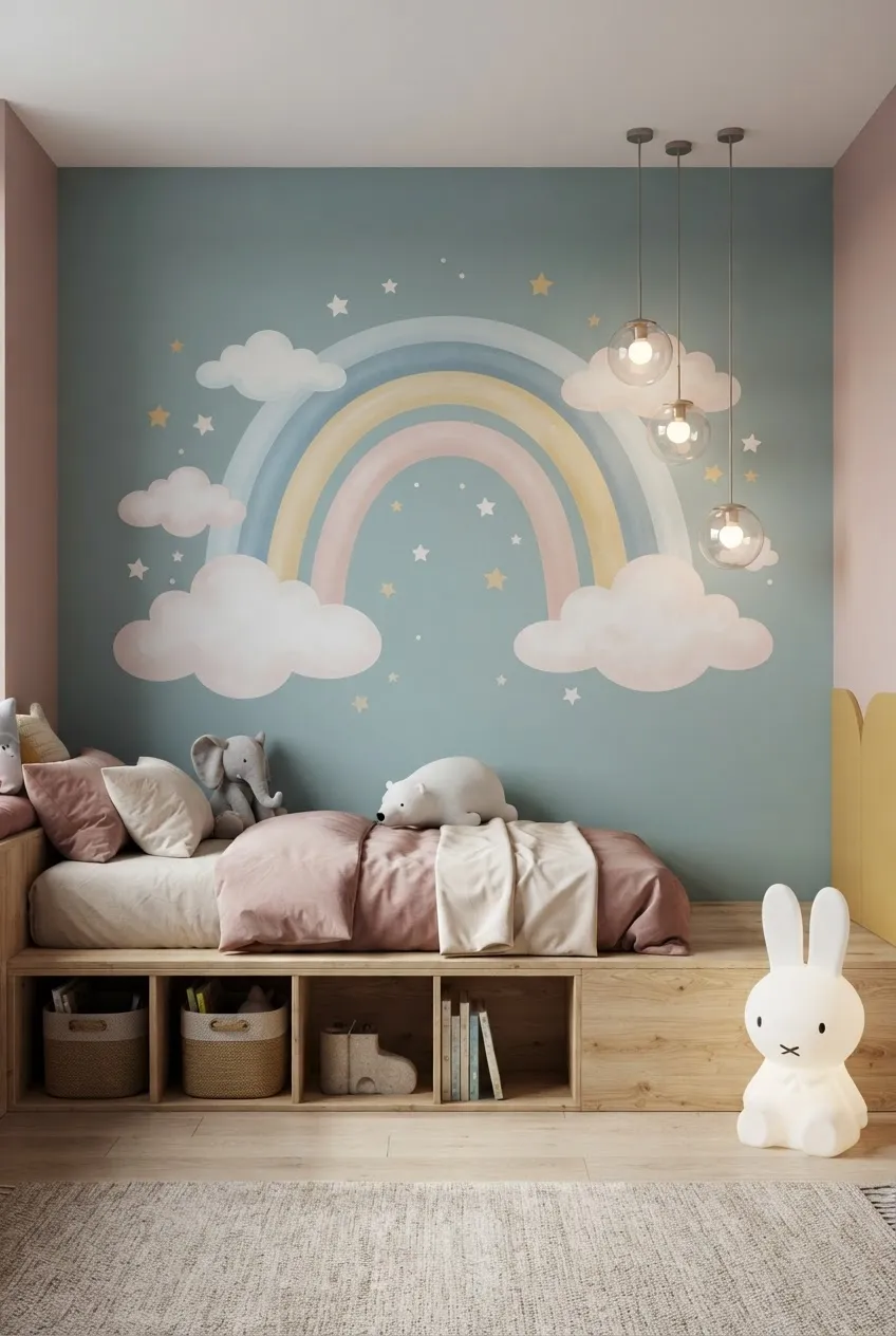 A large-scale colorful rainbow mural spanning an entire bedroom wall behind a child's bed.