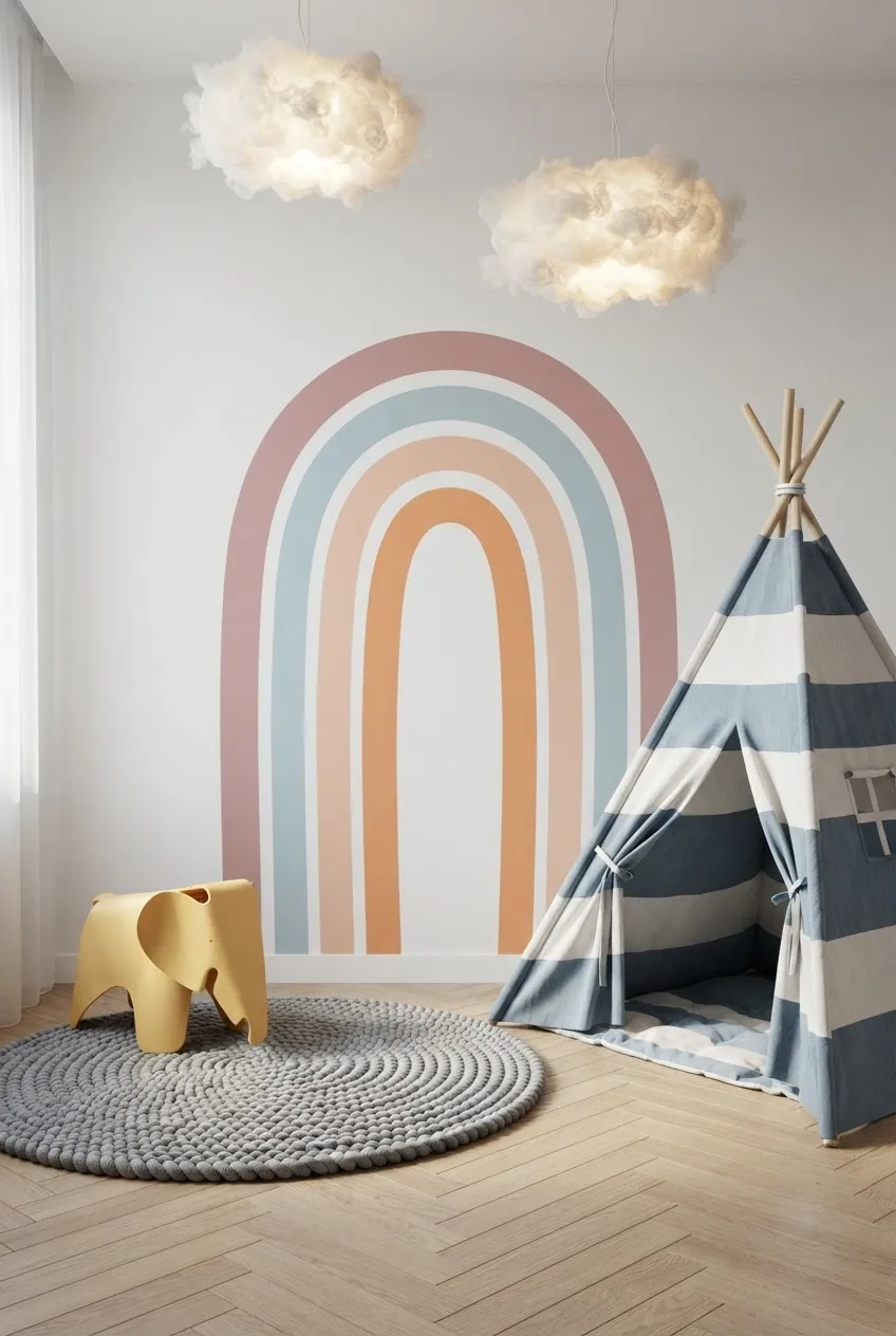 A serene nursery setting with pastel rainbow wall decals and natural wicker furniture.