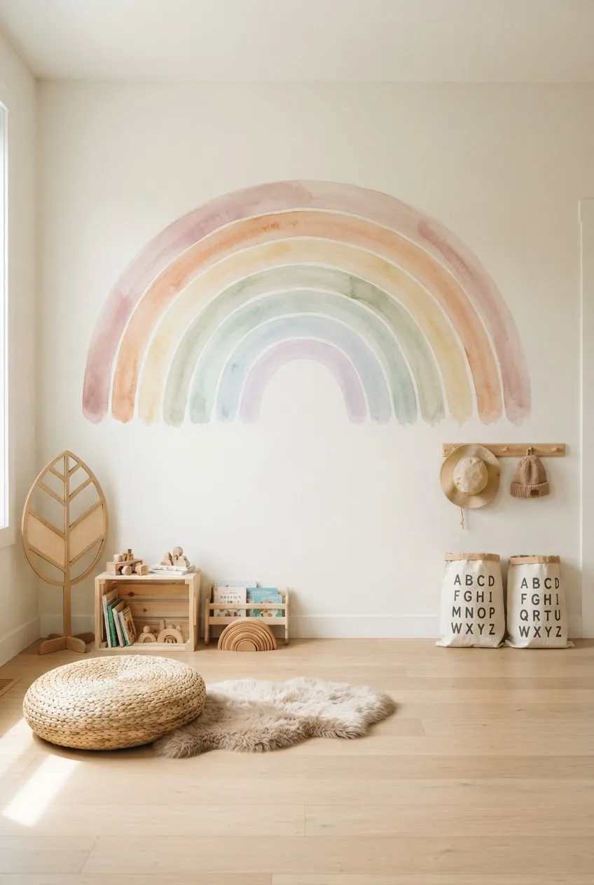 A wall mural featuring rainbows in shades of mustard, rust, and clay.