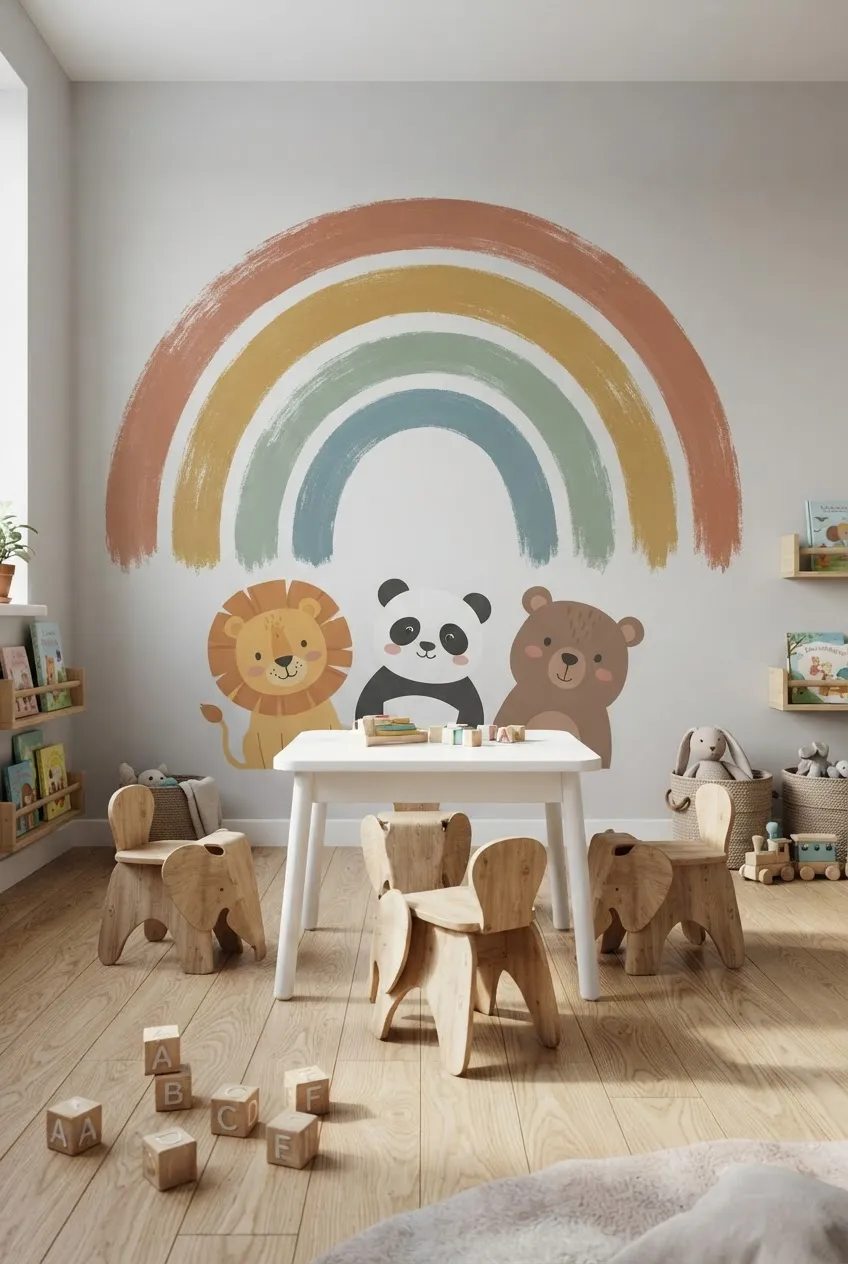 Wall decals of various sized rainbow arches scattered randomly across a white wall.