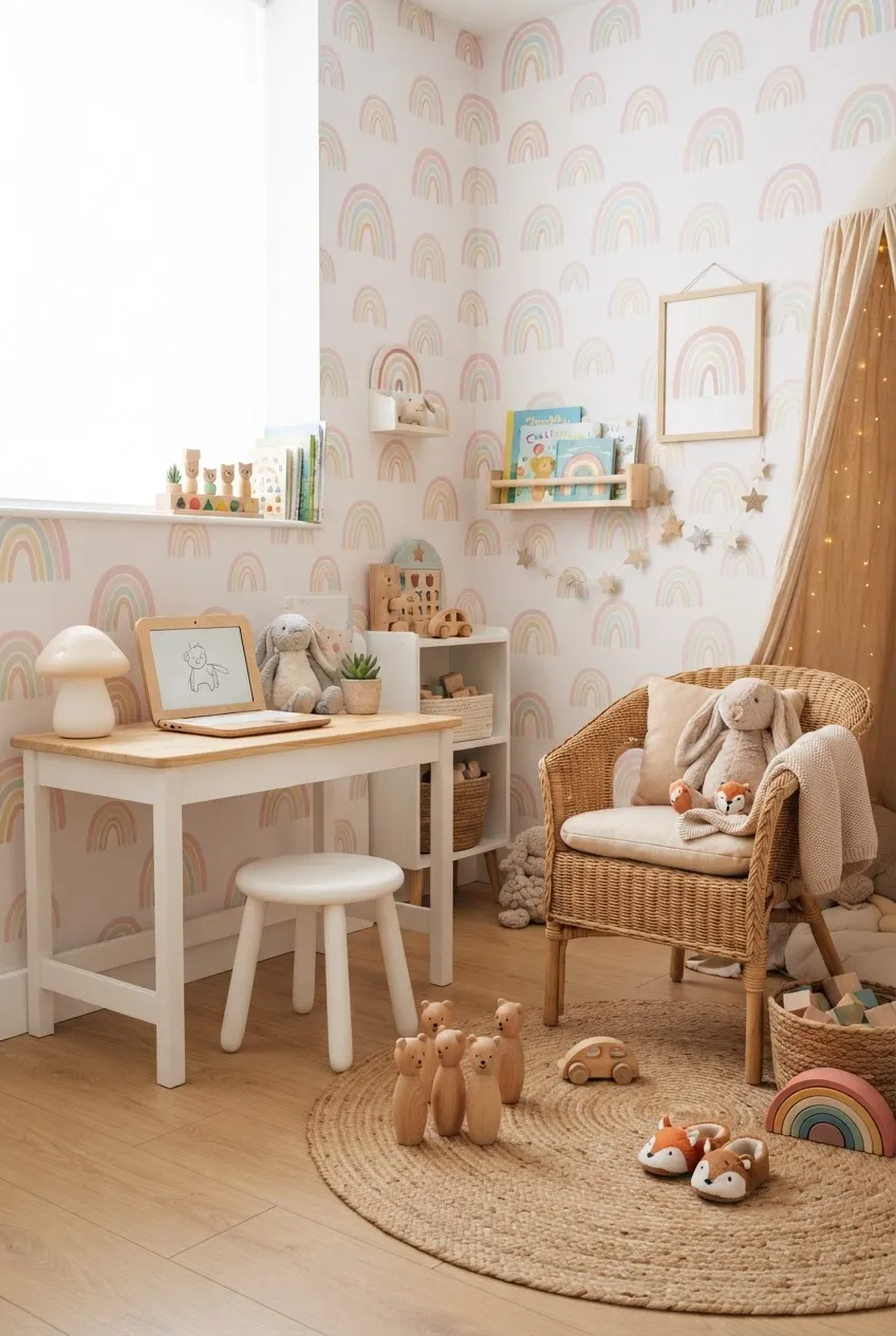A vibrant playroom with colorful furniture and playful rainbow wallpaper.