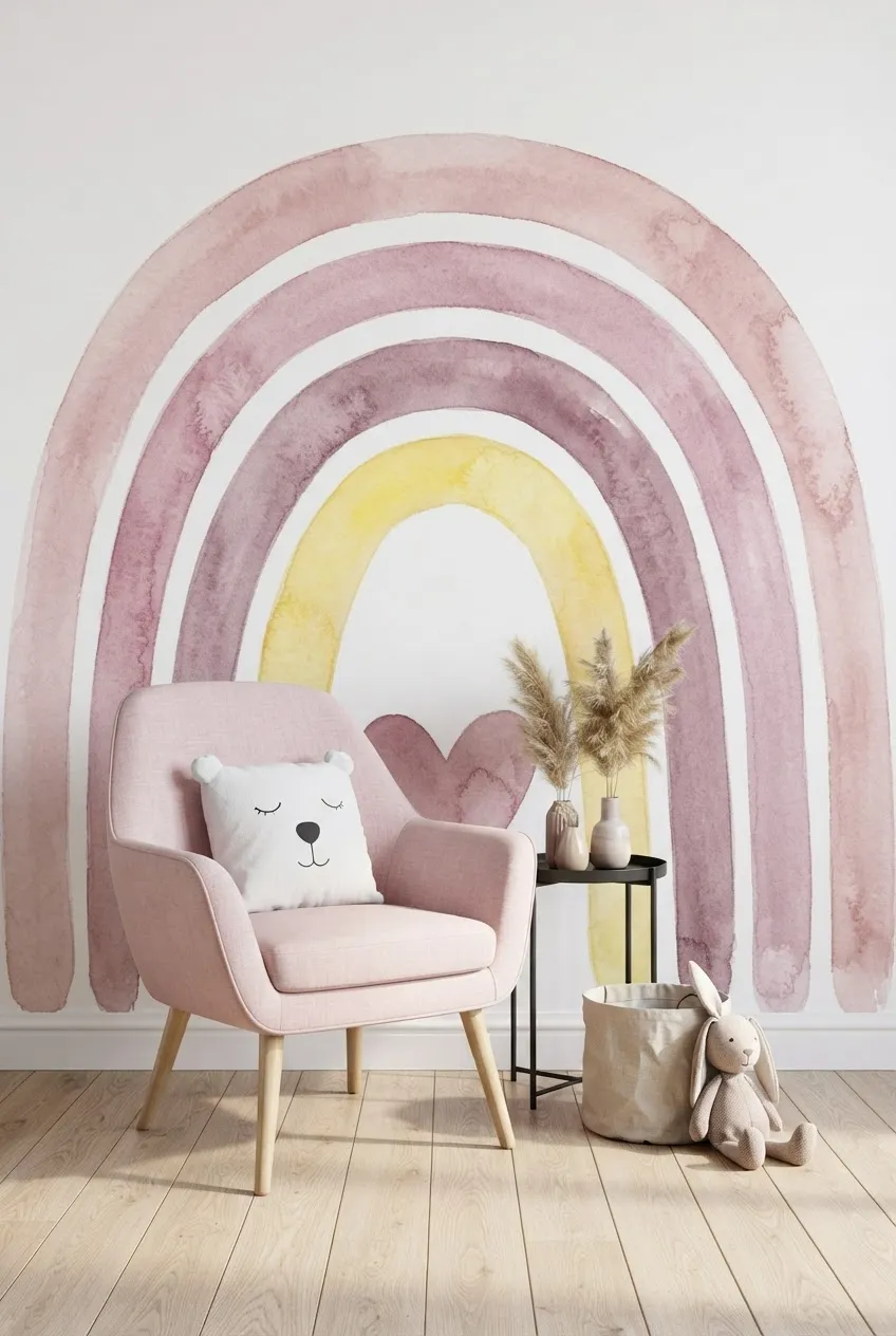 A wall with watercolor rainbow designs showing soft gradients and paint-like textures.