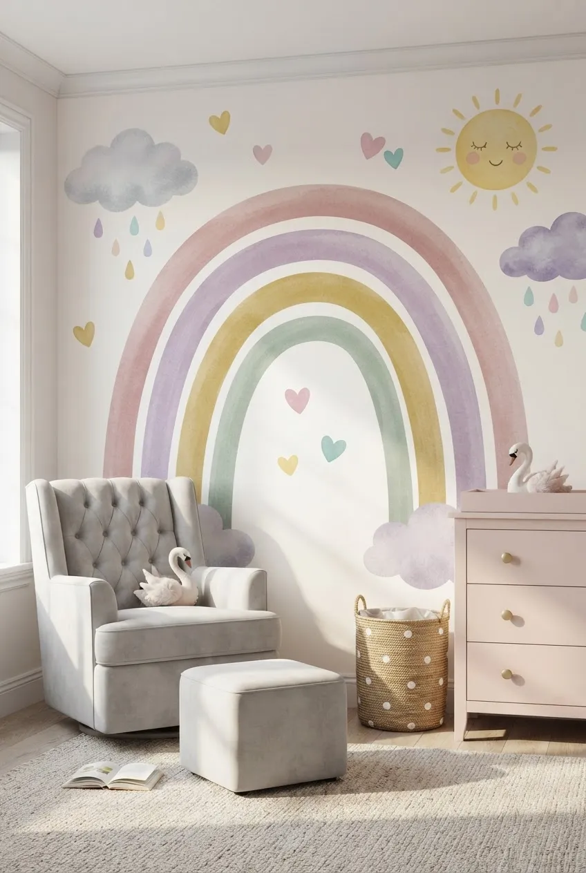 A calm nursery with a very light pastel rainbow mural behind a crib.