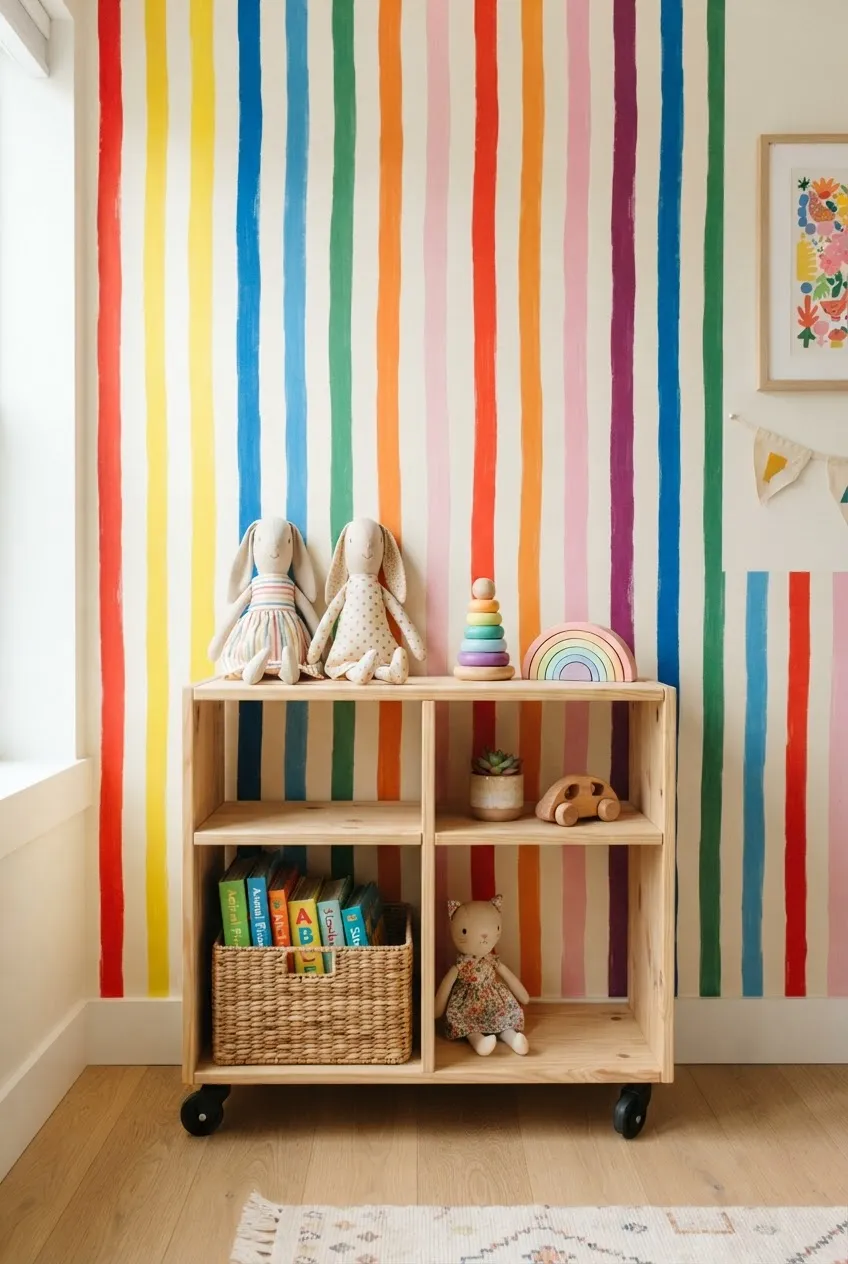 Thin vertical rainbow stripes painted on a narrow wall in a hallway.