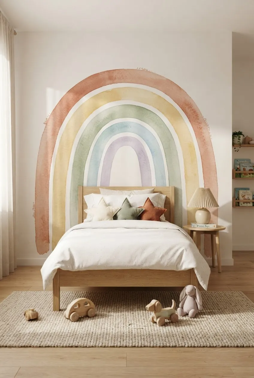 A whimsical child's room with floating shelf rainbows and dreamy pastel wall art.