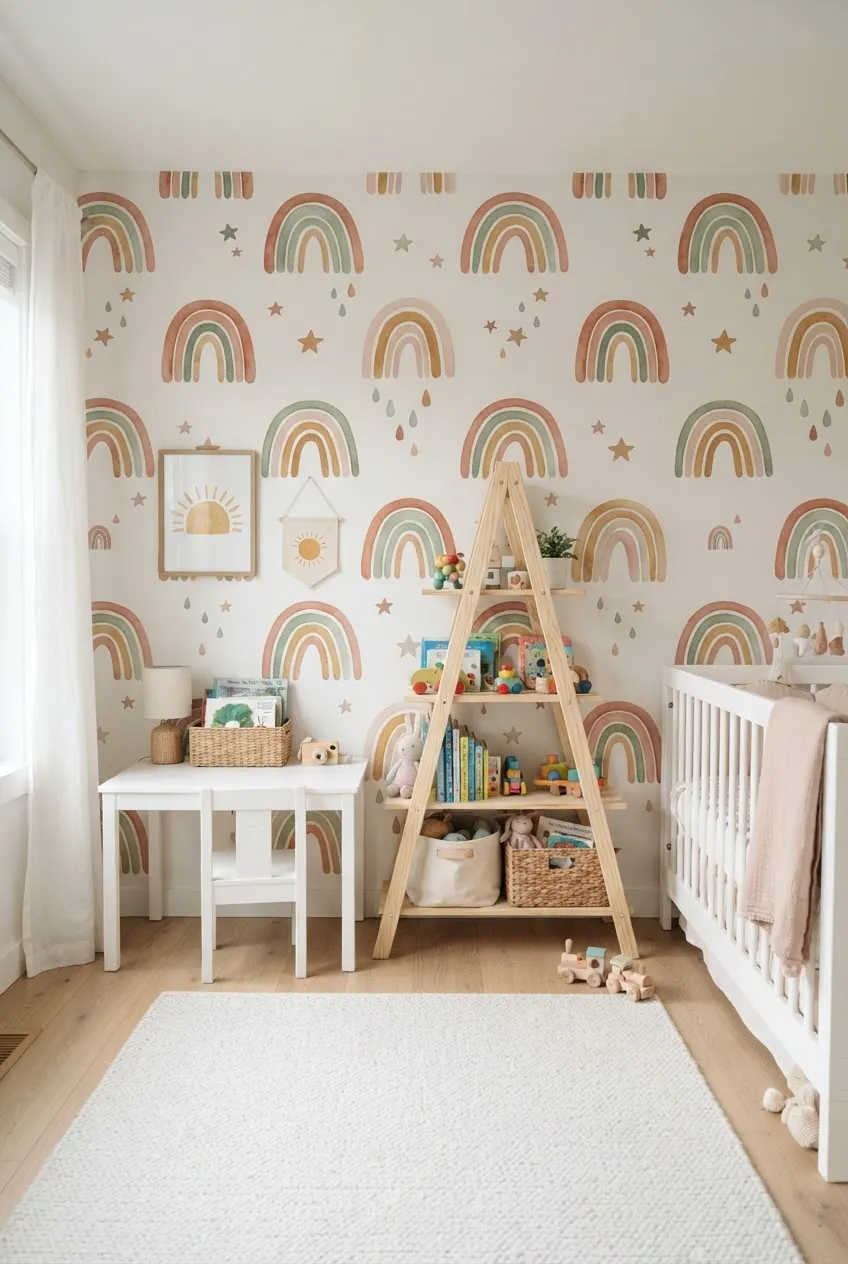 Multiple overlapping watercolor rainbow arches on a feature wall.