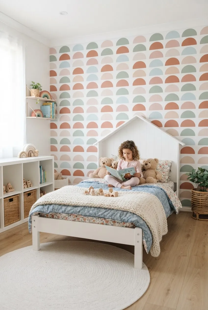 A room showing how rainbow wall art matches with macrame wall hangings and pillows.