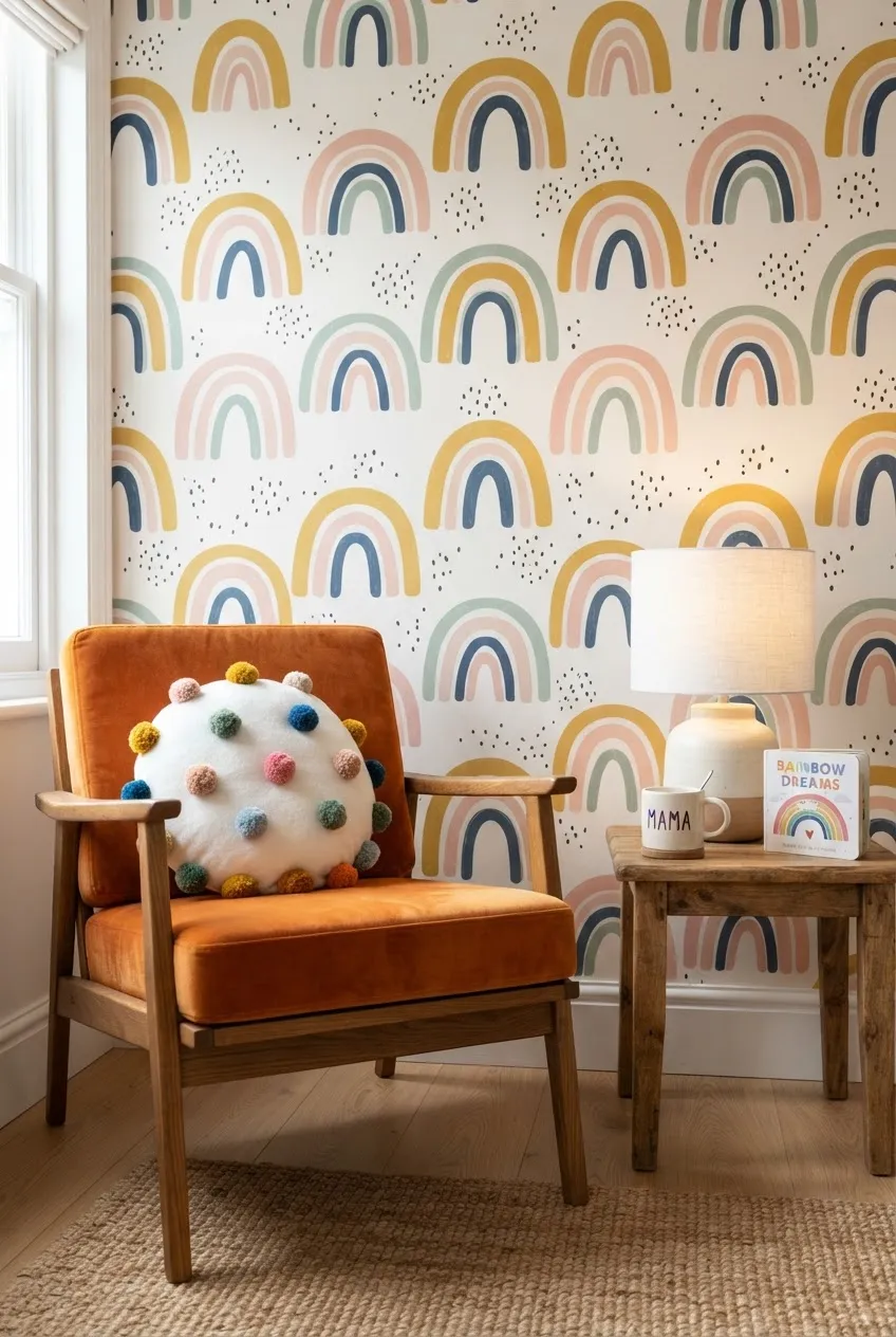 Natural nursery theme with sage green and terracotta rainbow wall stickers.