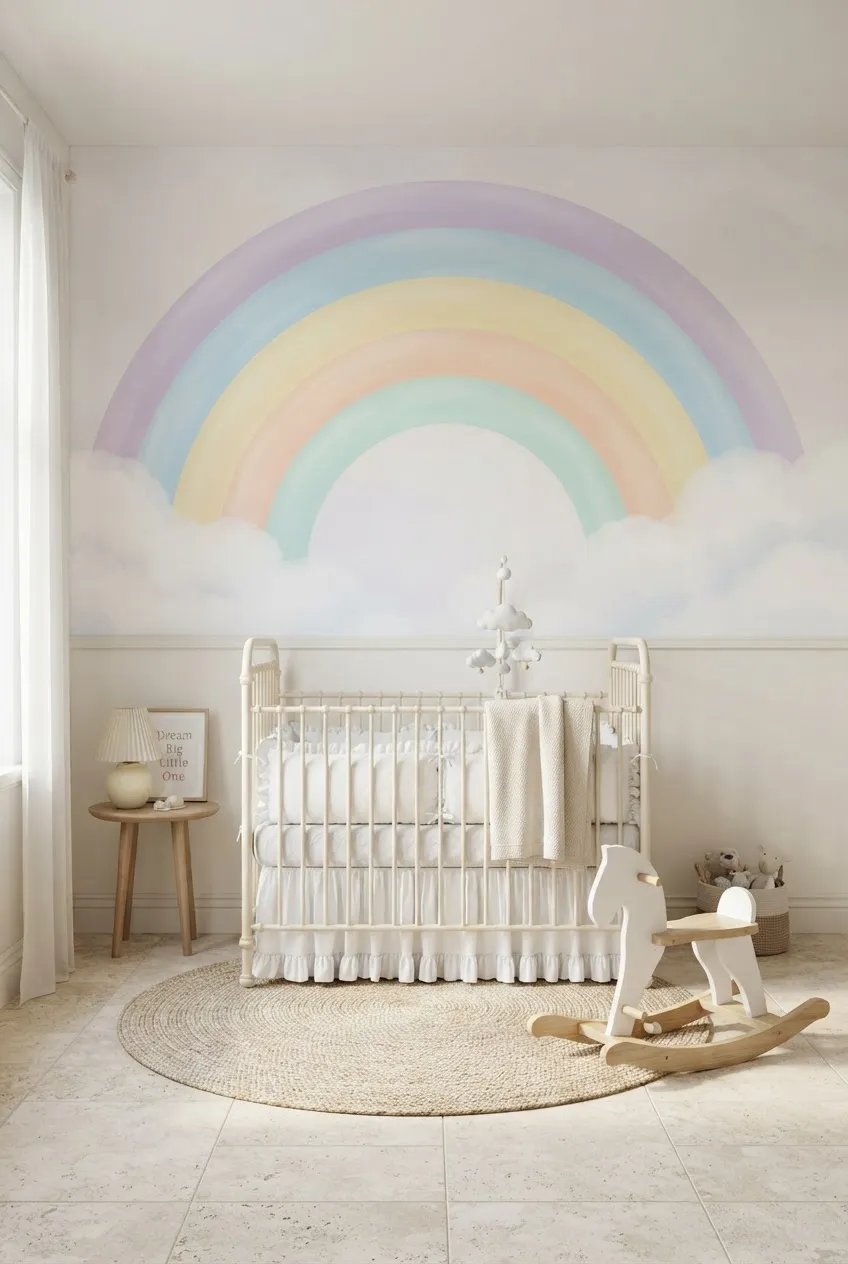 A vibrant multi-colored rainbow wallpaper on a bedroom focal wall