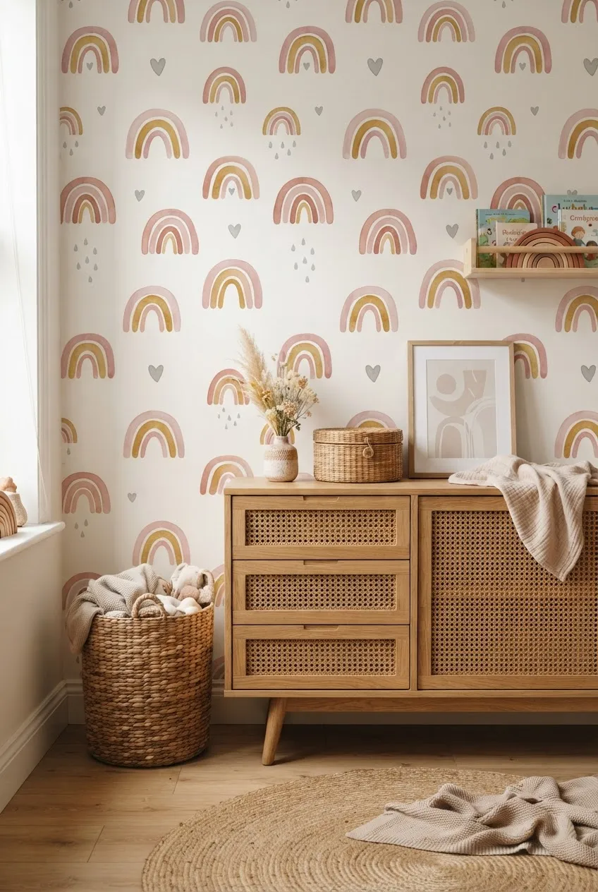 Macrame wall hanging and rattan furniture in a soft pastel rainbow nursery