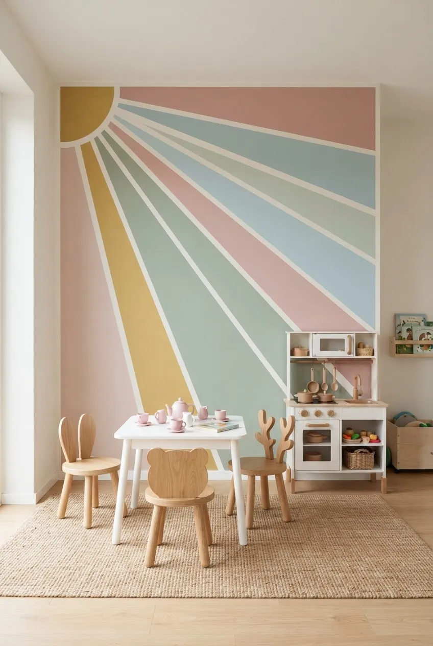 A modern nursery wall painted with muted terracotta and sage green rainbow arches