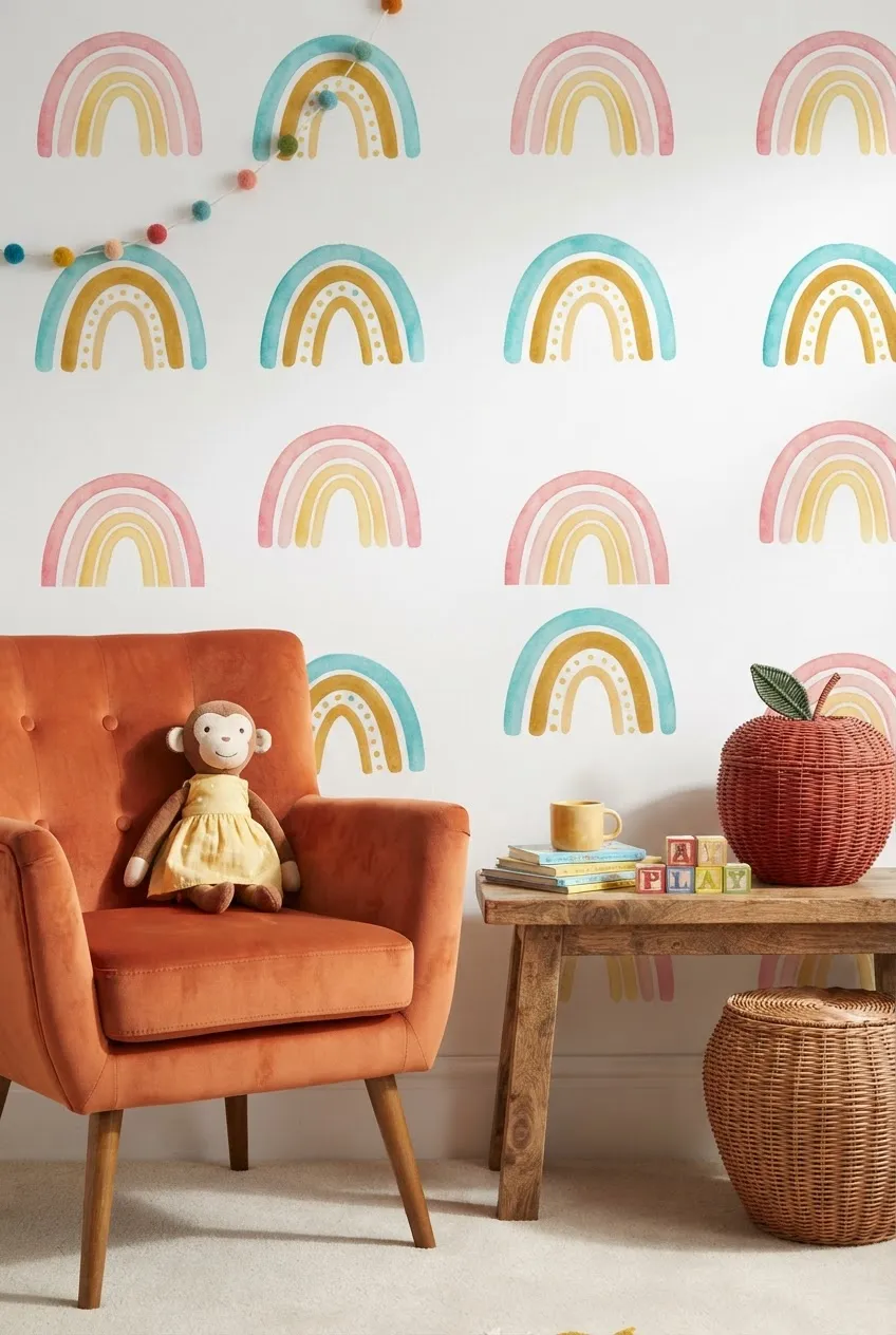 A styled shelf featuring rainbow-shaped bookends and colorful wooden toys