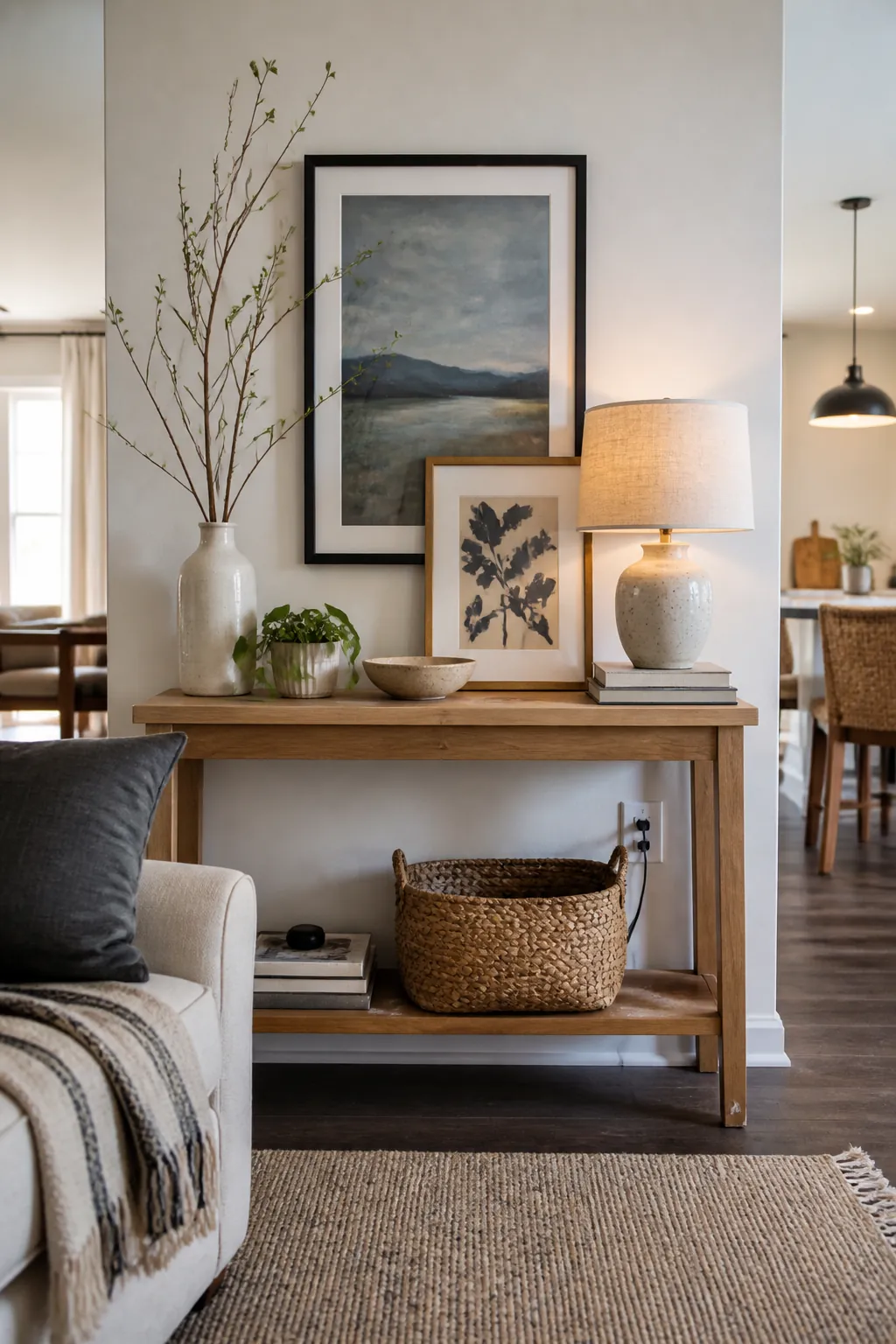 Art over console table styled with lamps plants and books on a long living room wall