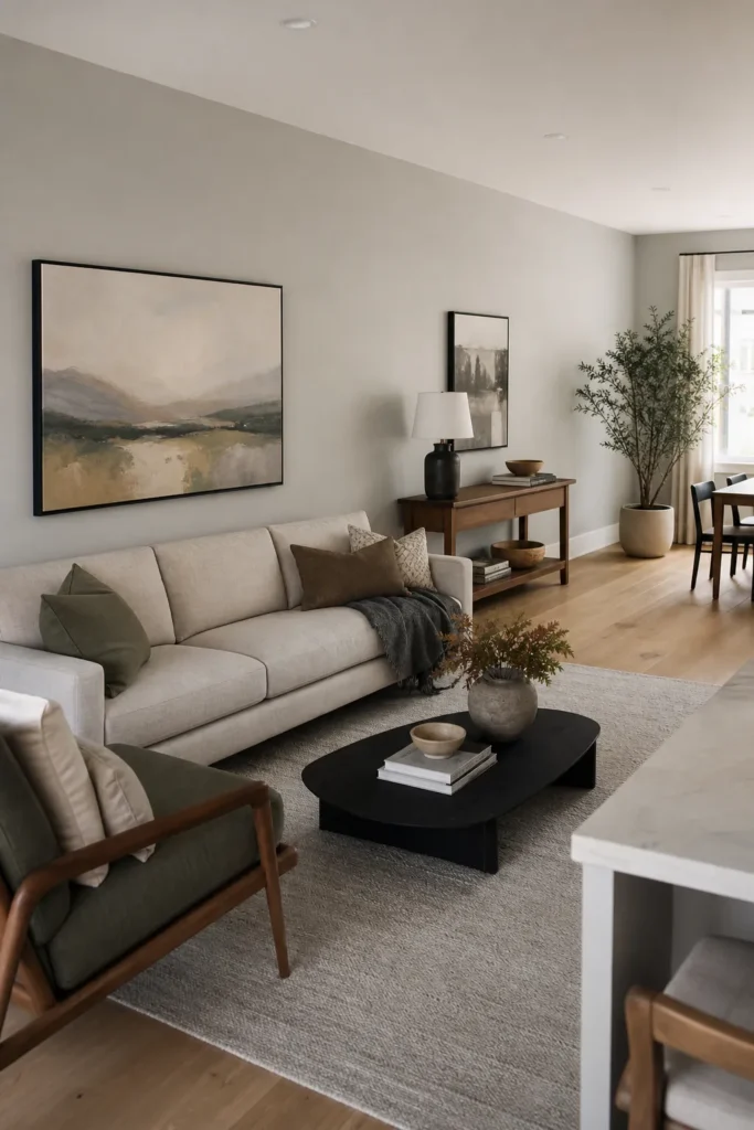 Open concept living room with a long wall styled into balanced decor zones