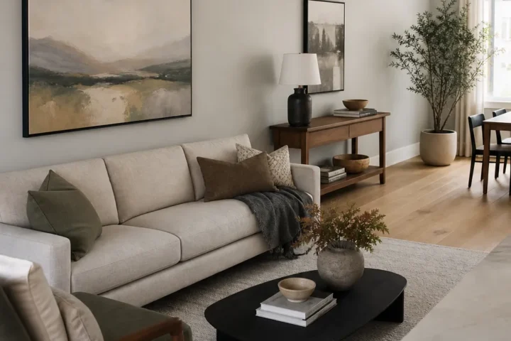 Open concept living room with a long wall styled into balanced decor zones