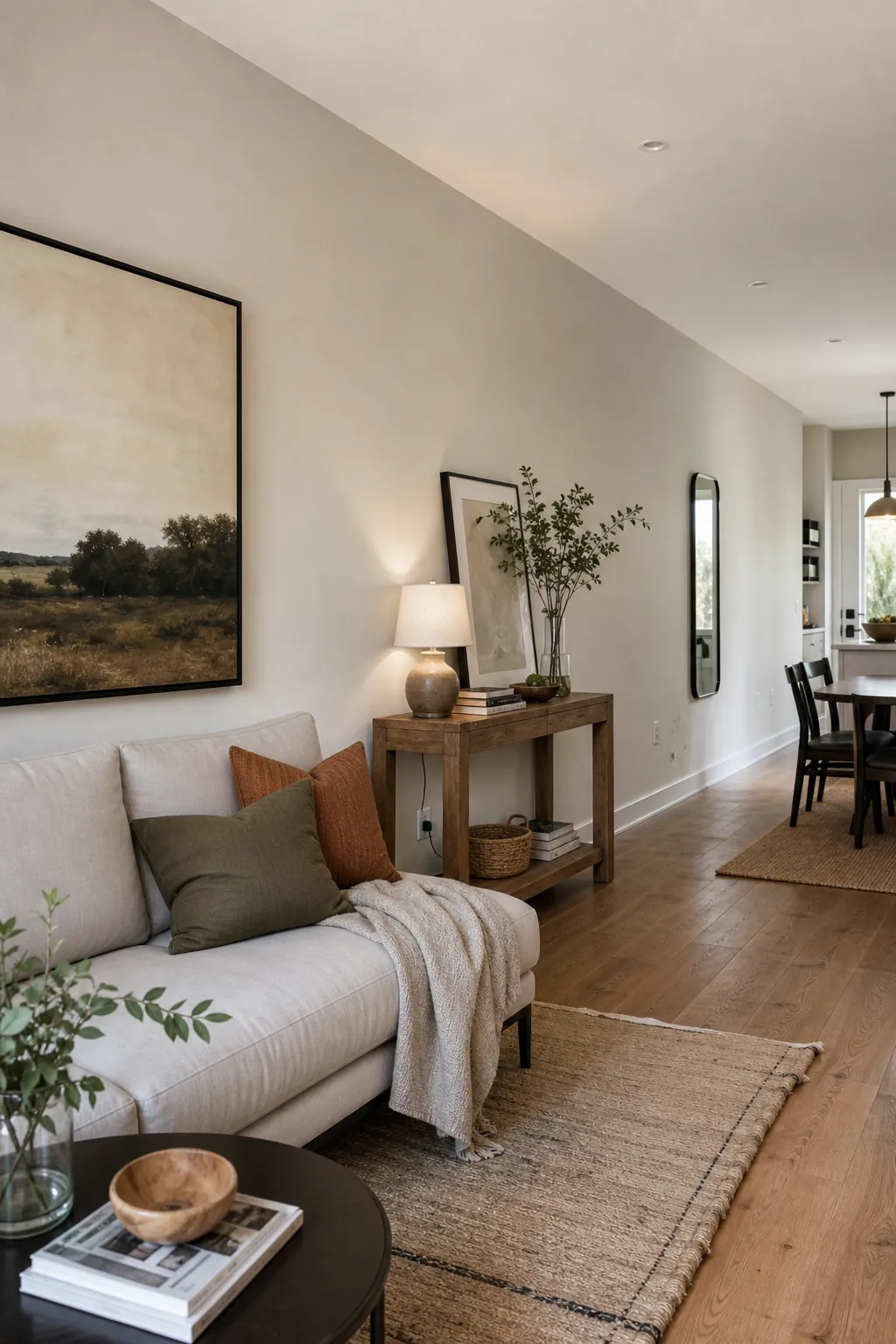 Open concept living room with long wall decor divided into seating, console, and walkway zones