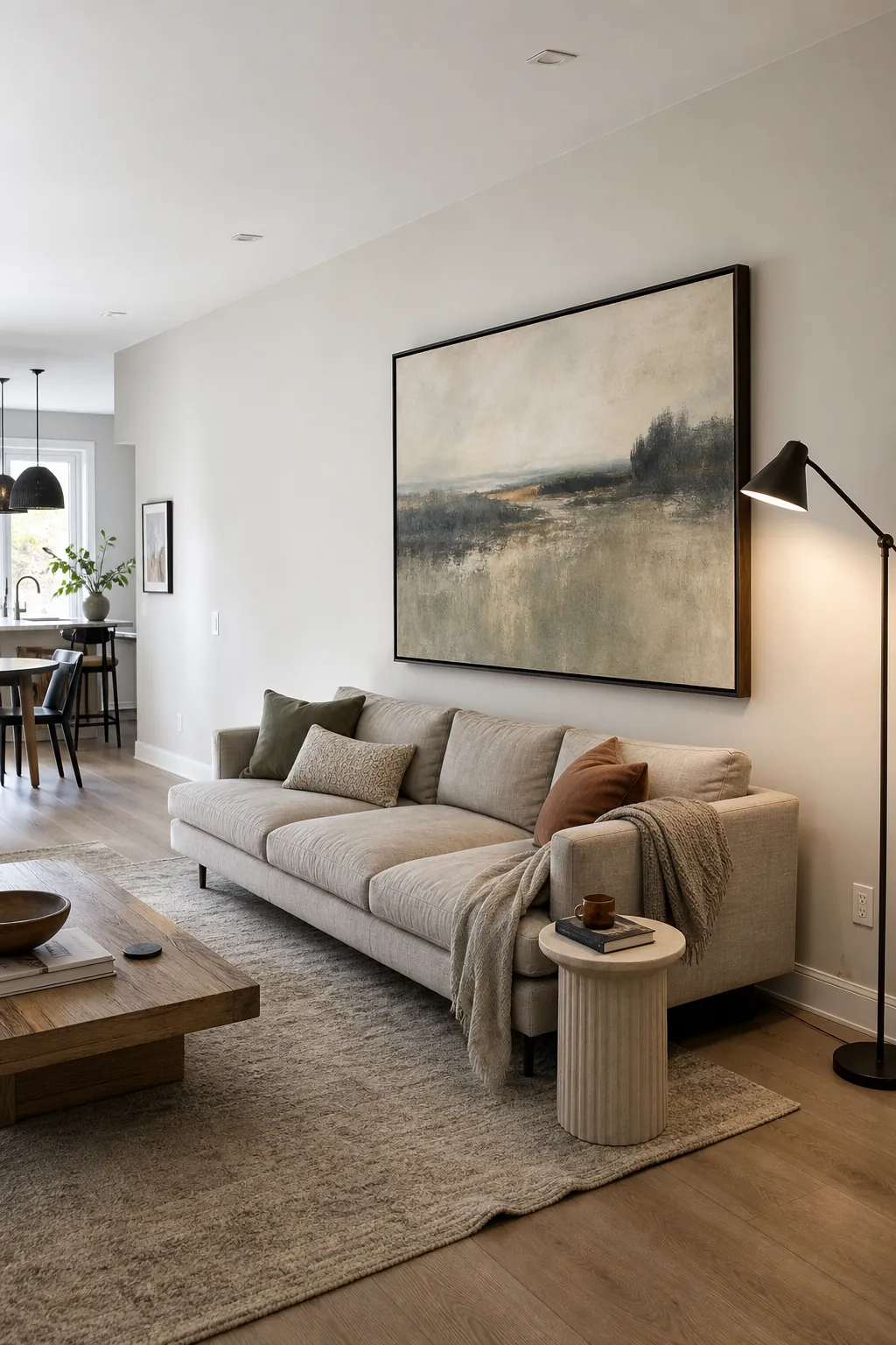 Oversized art sized correctly on a long living room wall above a floating sofa
