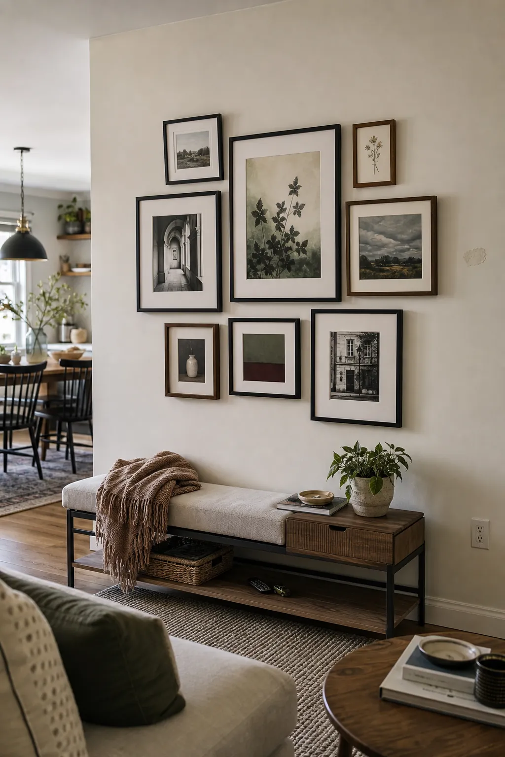 Gallery wall arranged in clusters on a long open concept living room wall