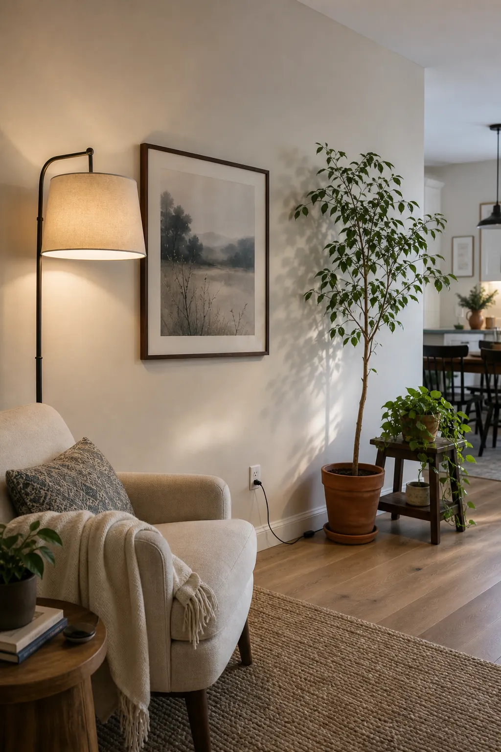 Long living room wall styled with wall art floor lamp and plants for a layered open concept seating zone