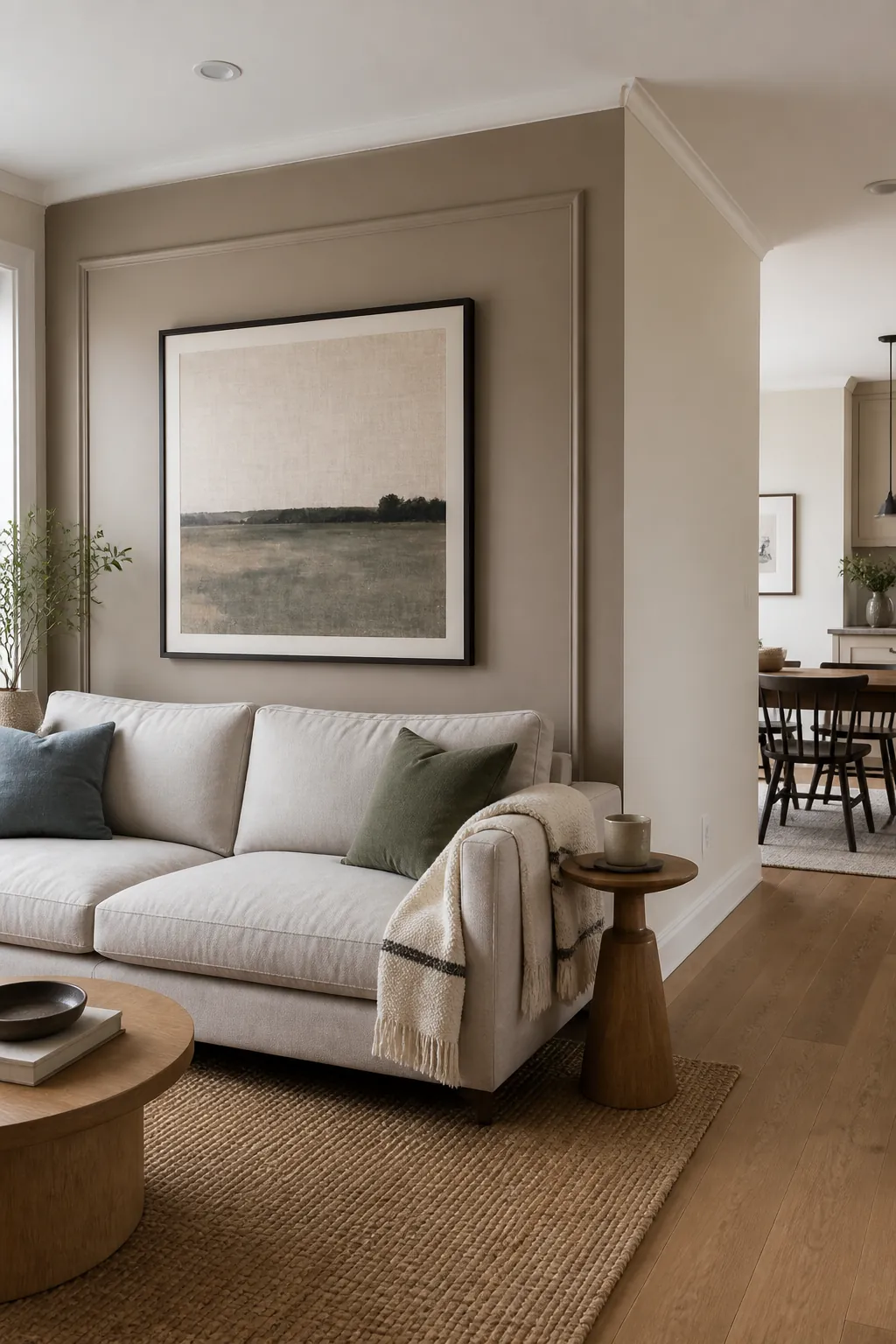 Textured living room focal wall with warm paint molding and simple wall art in an open concept home