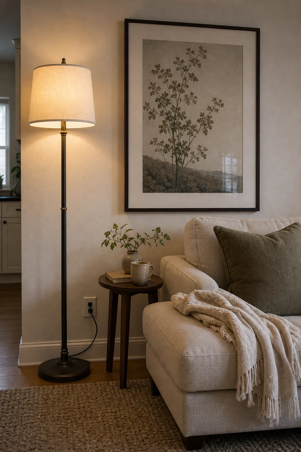 Floor lamp styling beside wall art on a layered living room accent wall