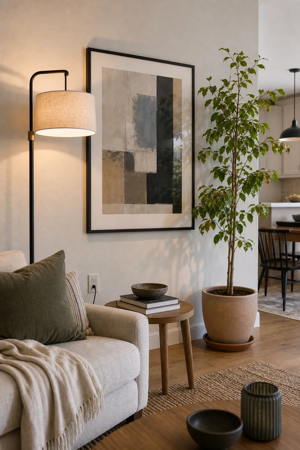 Living room accent wall decor layered with art lamp plant chair and side table