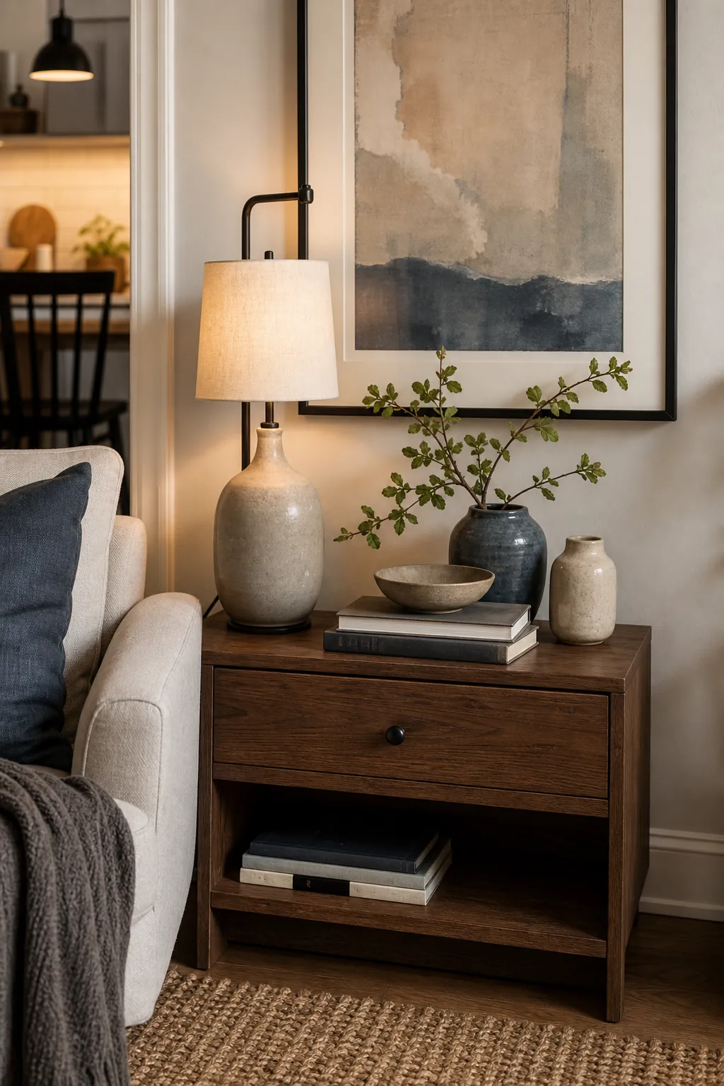 Side table vignette connecting wall art lamp and plant on a living room accent wall