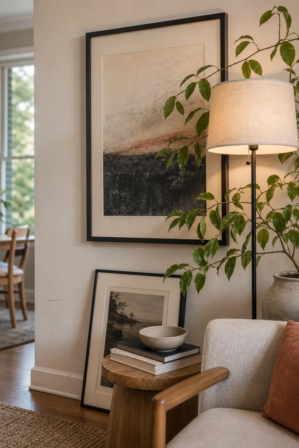 Overlapping plant leaves lamp shade and wall art creating depth on a living room accent wall